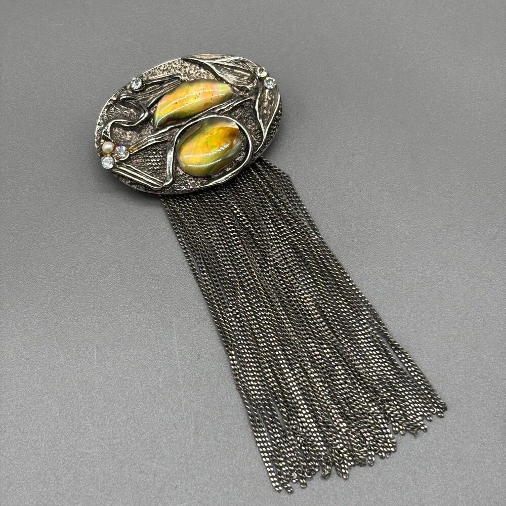 Vintage Art Nouveau Modernist Waterfall Fringe Brooch Abstract Abalone Shell Pin